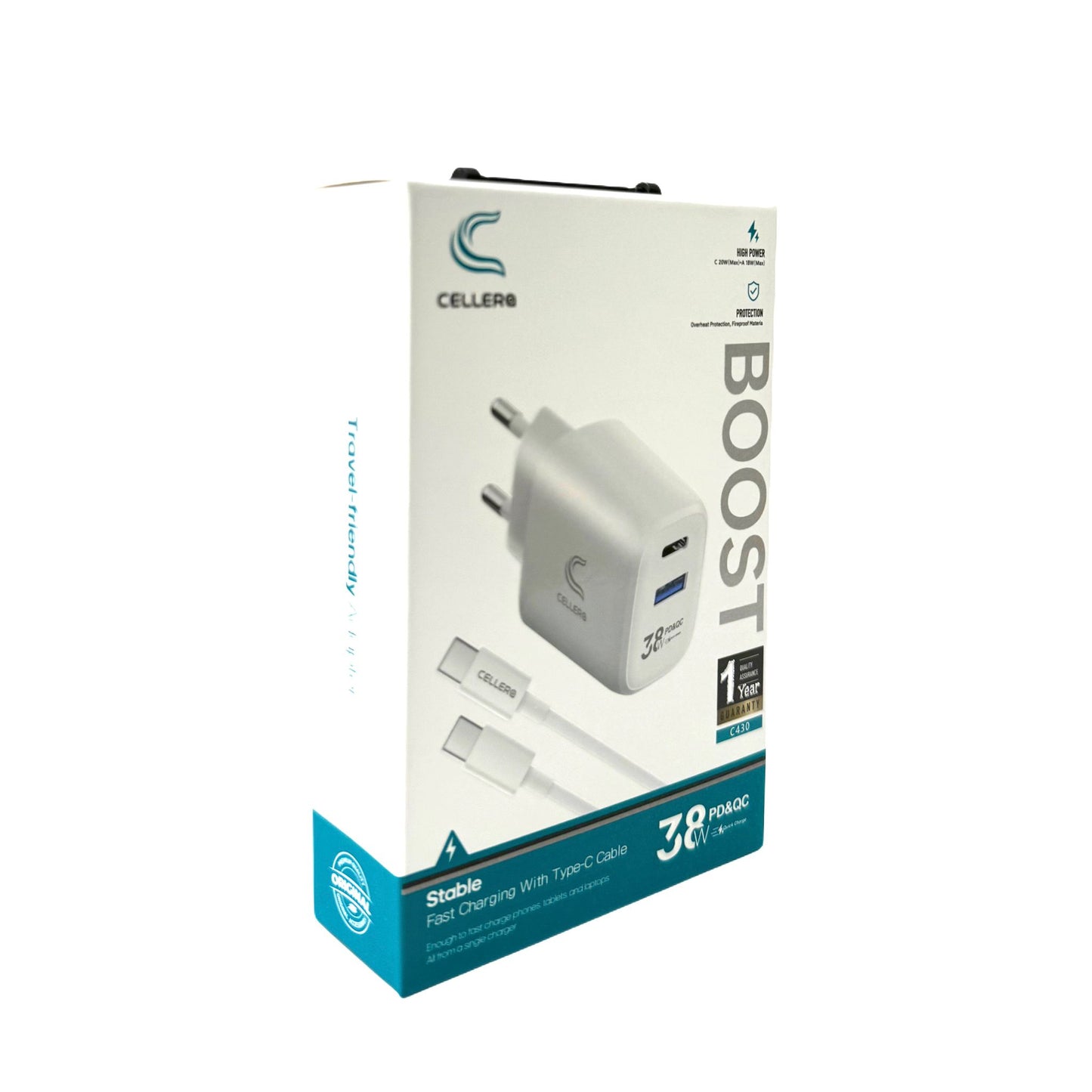 מטען קיר CELLERA GAN 38W PD+USB כולל כבל טייפ סי